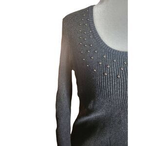 Ribbed Soft Cotton Grey 90s Vintage Scoop Neck Sweater Studded Details